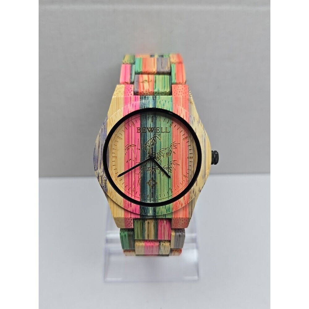 Bewell Colorful Bamboo Wood Watch Quartz Analog 40mm Floral Unisex New Battery